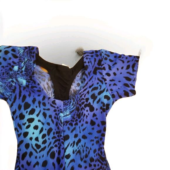 Moret Leotard Blue Leopard Print Biketard Size M Medium 7/8 Dance Gymnastics - Picture 6 of 6